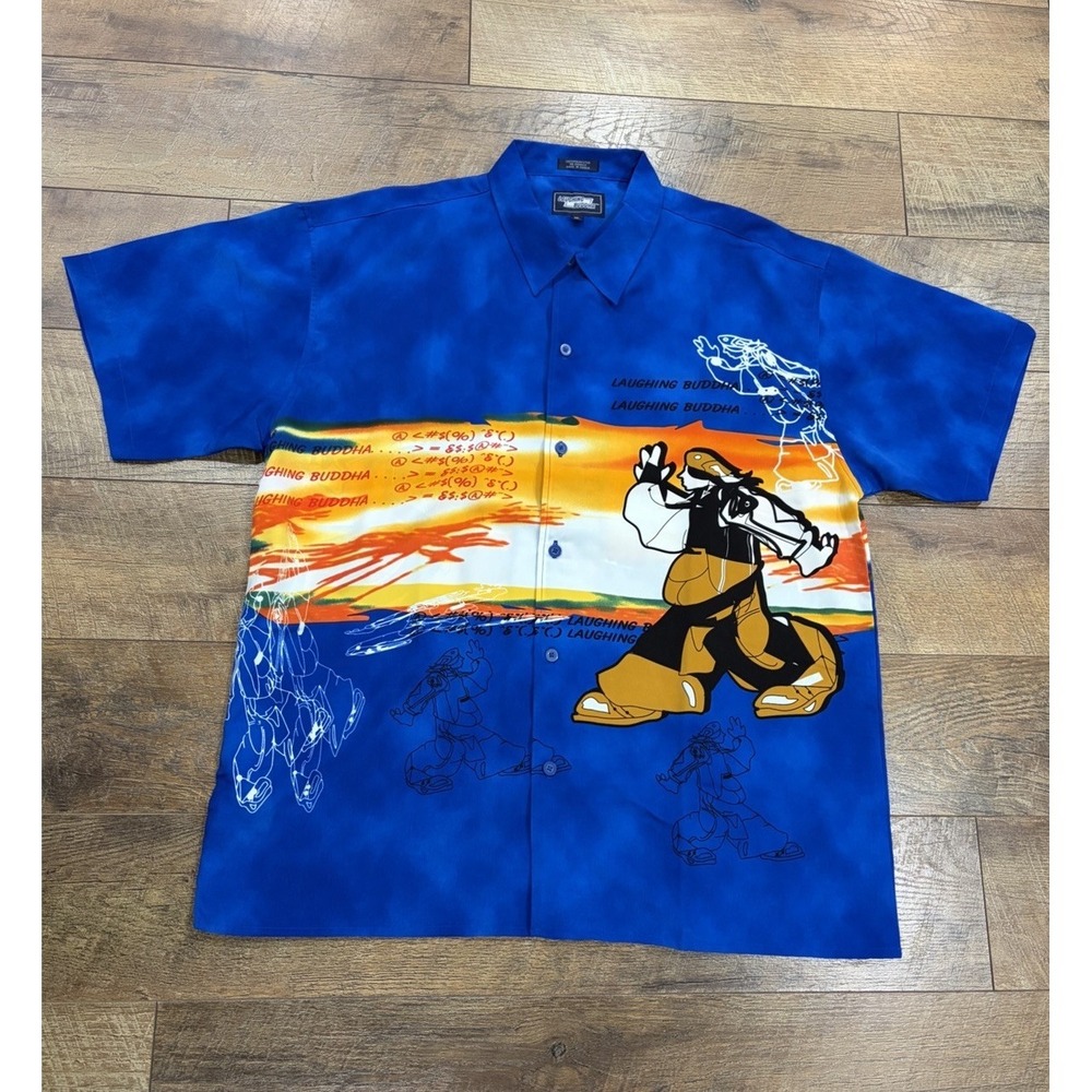Vintage 90s Laughing Buddha Button Up‎ Shirt XL Blue Graffiti Hip-Hop